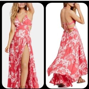 Free People Lille Tropical Printed Cutouts Rasberry Tie Maxi Dress medium